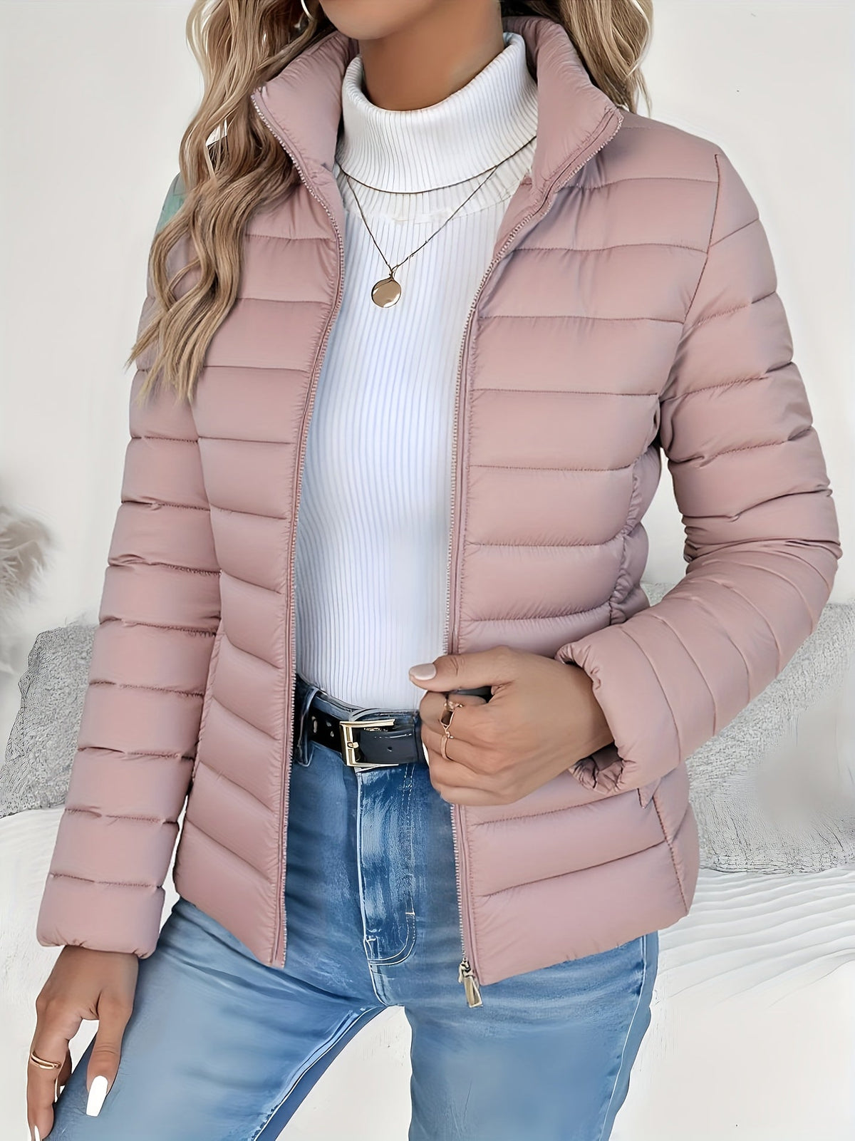 Quilted Jacket with Stand Collar and Zip Closure