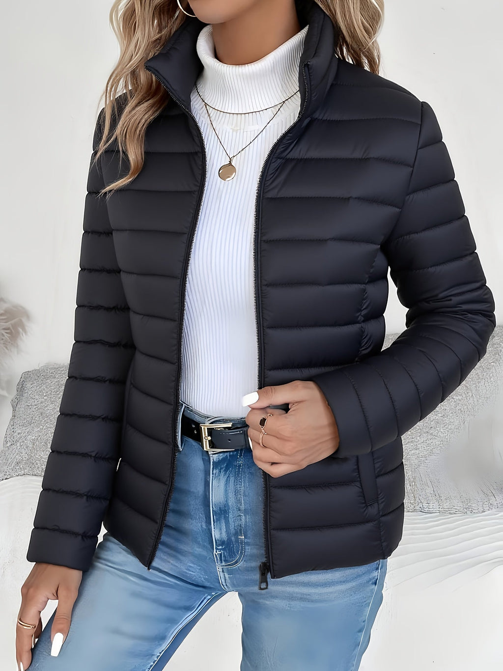 Quilted Jacket with Stand Collar and Zip Closure