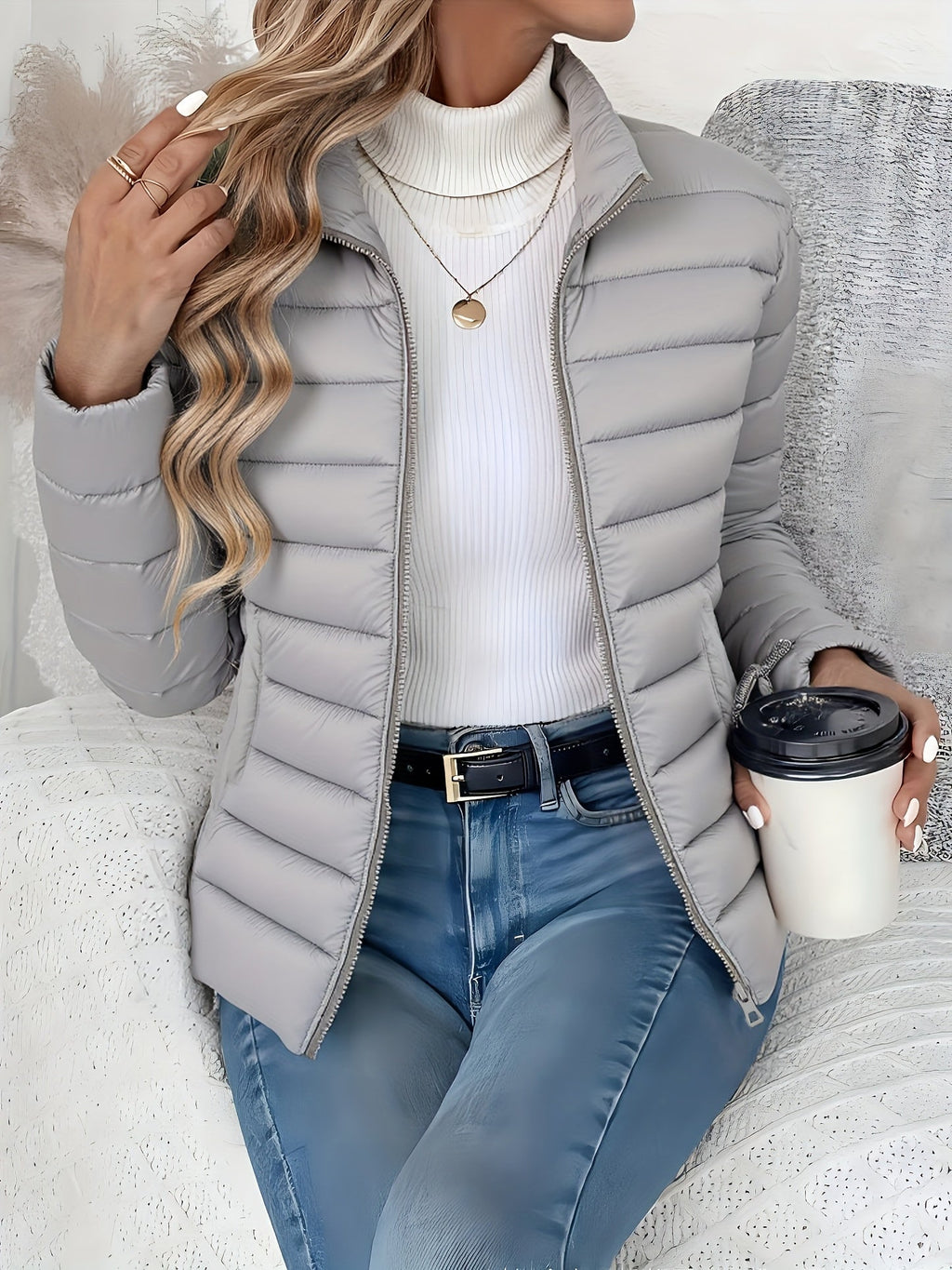 Quilted Jacket with Stand Collar and Zip Closure