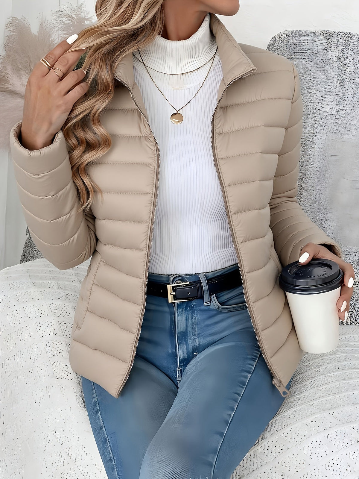 Quilted Jacket with Stand Collar and Zip Closure