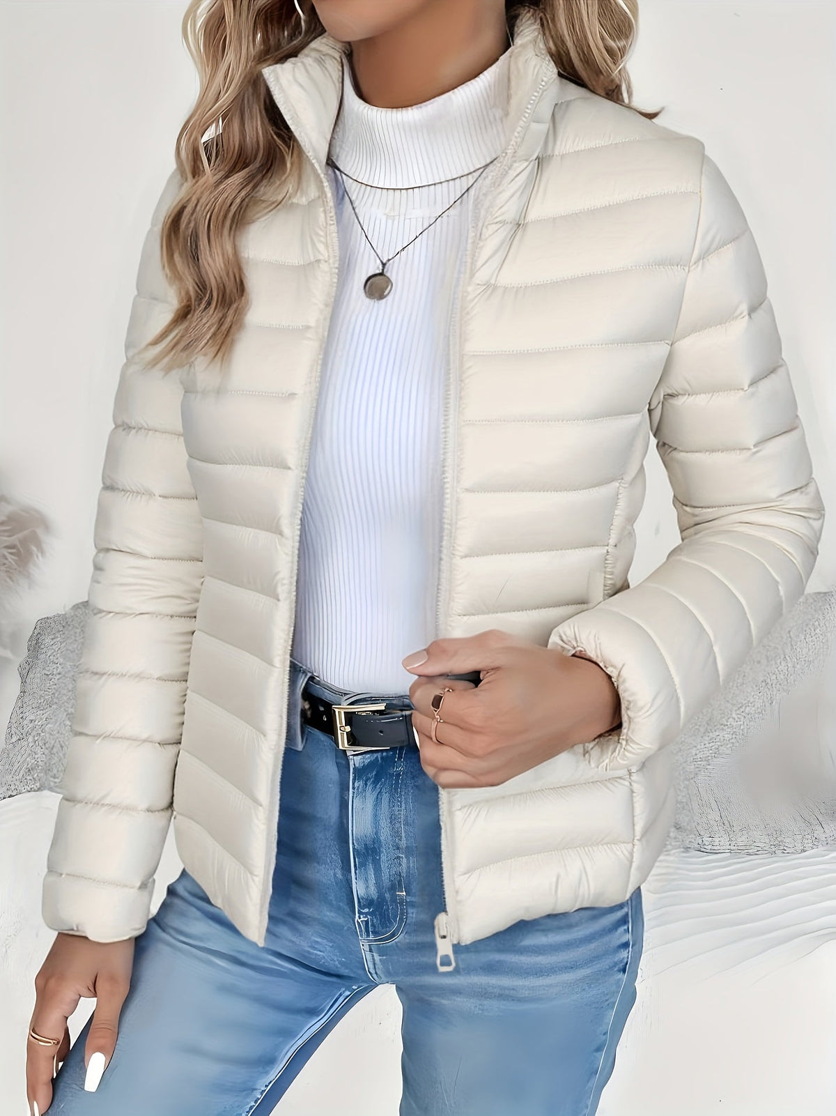 Quilted Jacket with Stand Collar and Zip Closure