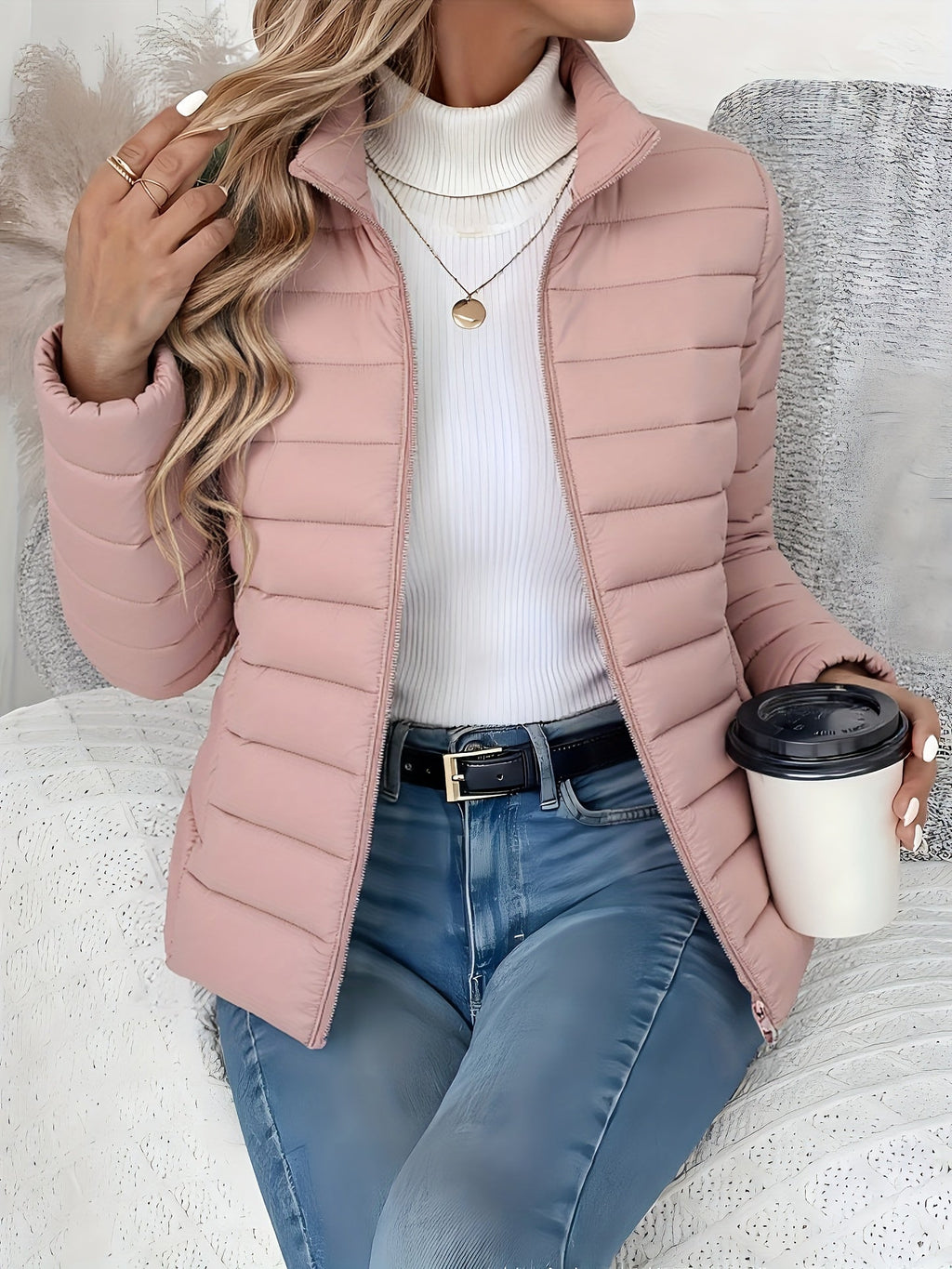 Quilted Jacket with Stand Collar and Zip Closure