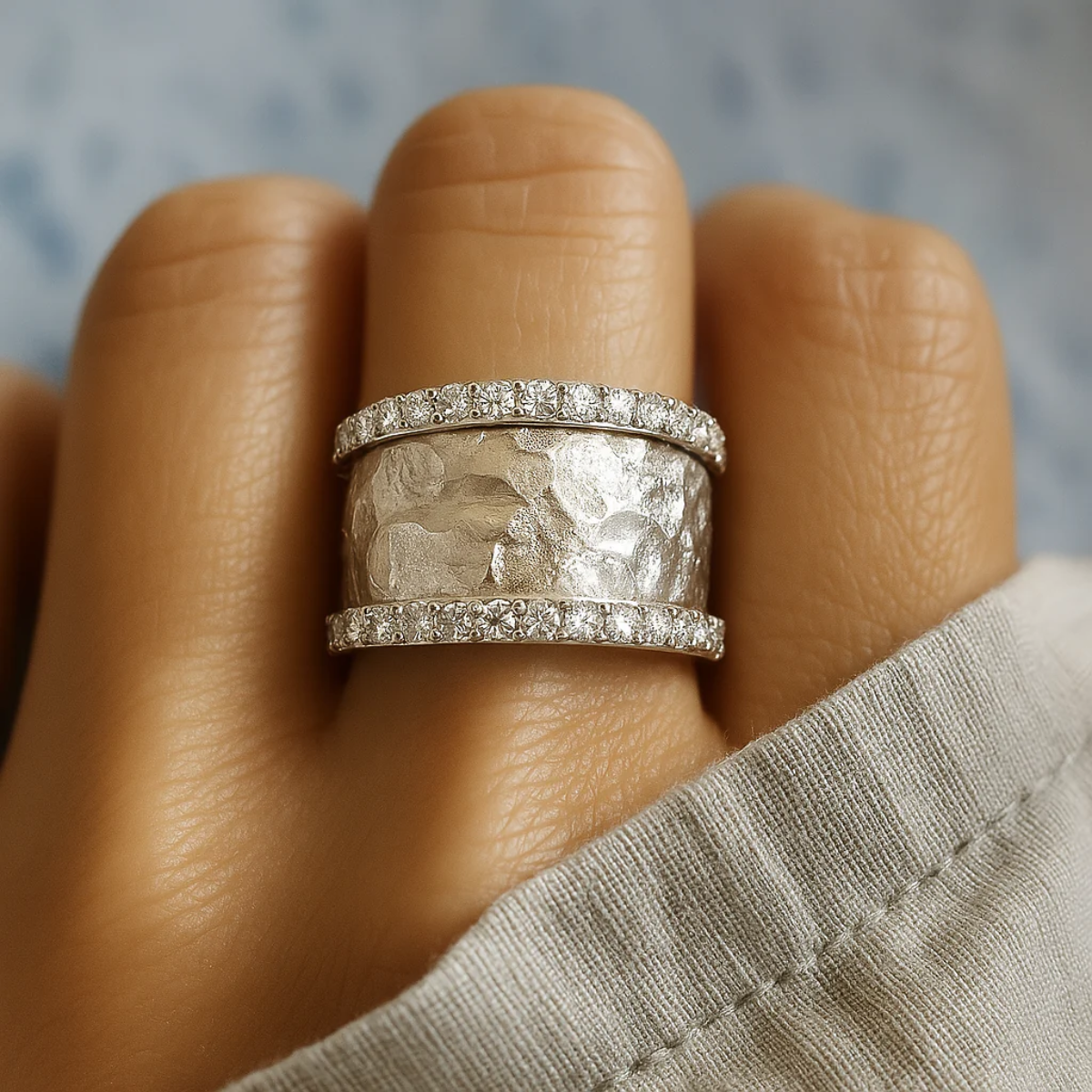 Wide Hammered Band Ring with Zirconia Edges in Silver Colour