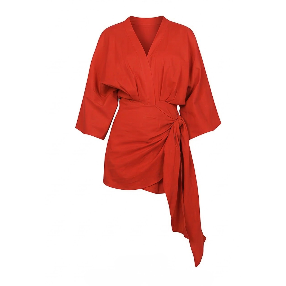 Kimono Sleeve Wrap Dress with V Neckline