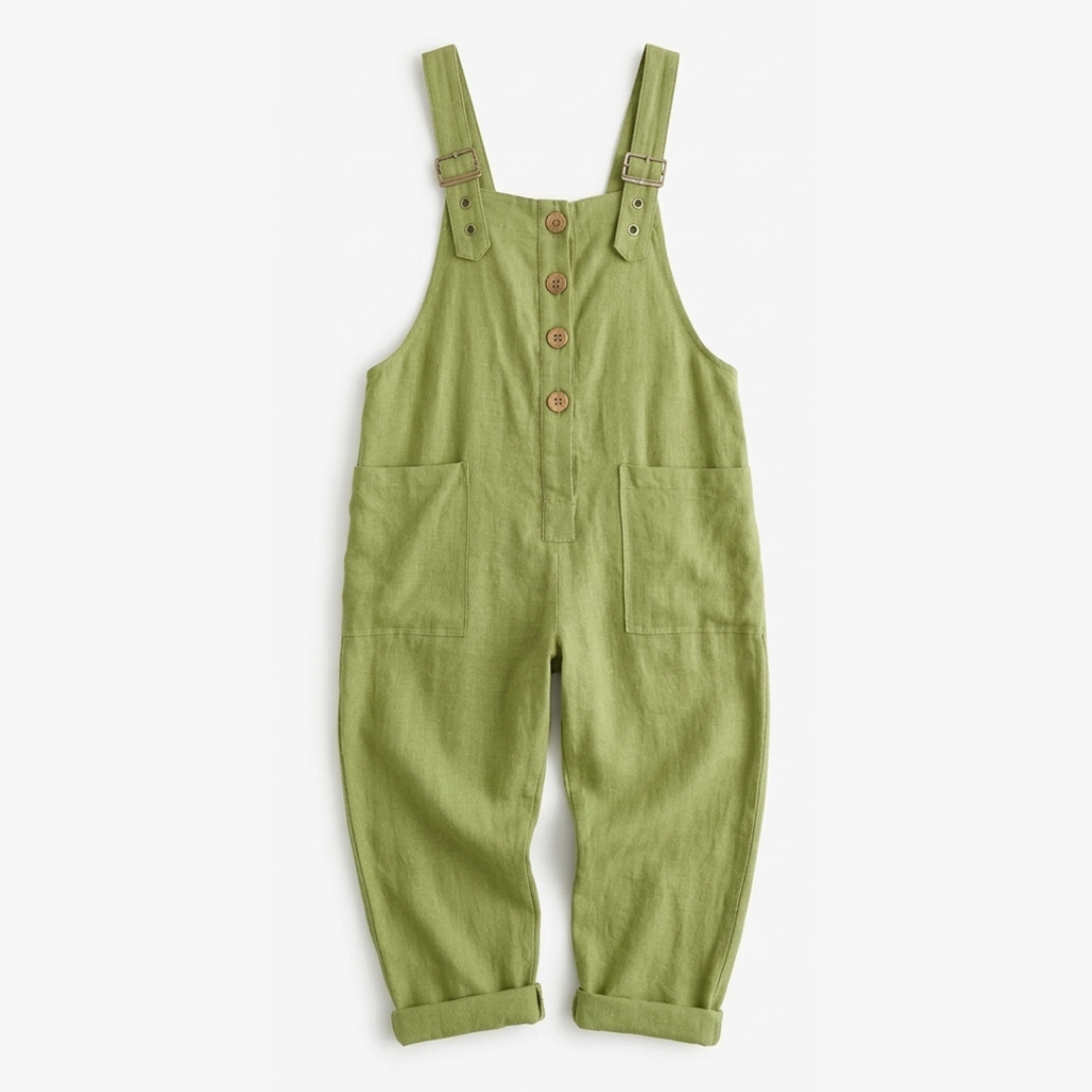 Linen Look Button Front Overalls with Buckle Straps