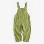 Linen Look Button Front Overalls with Buckle Straps