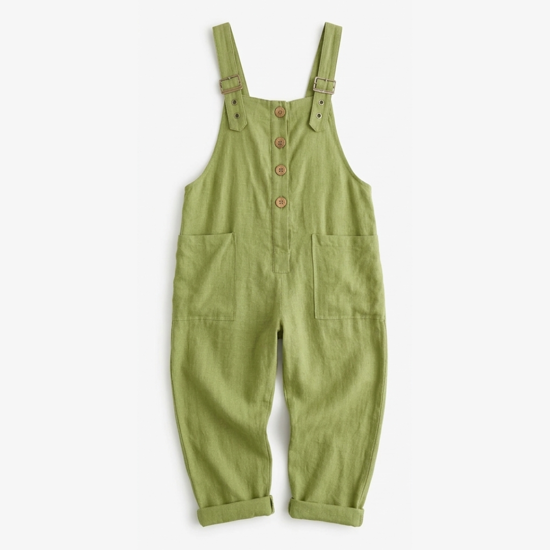 Linen Look Button Front Overalls with Buckle Straps