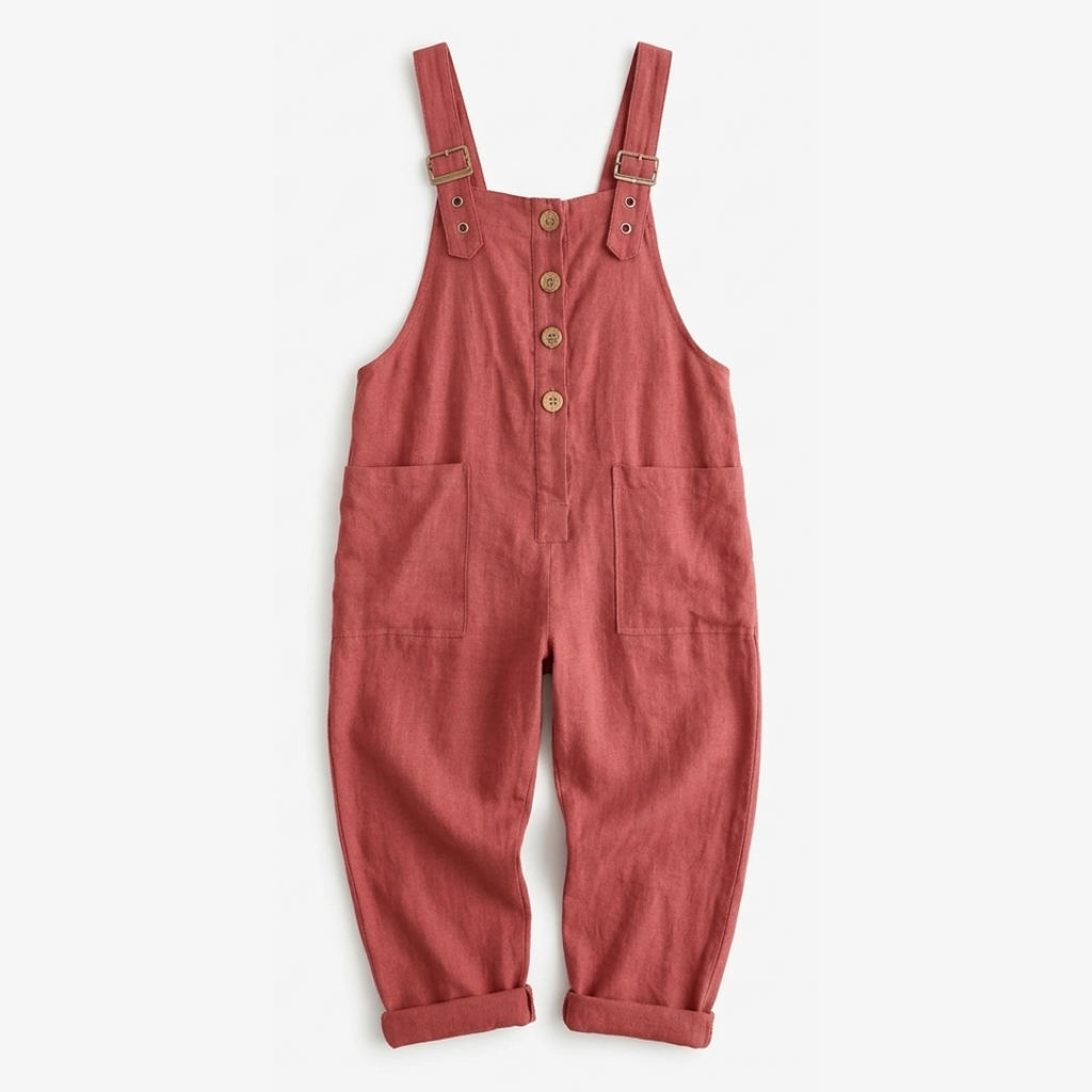 Linen Look Button Front Overalls with Buckle Straps