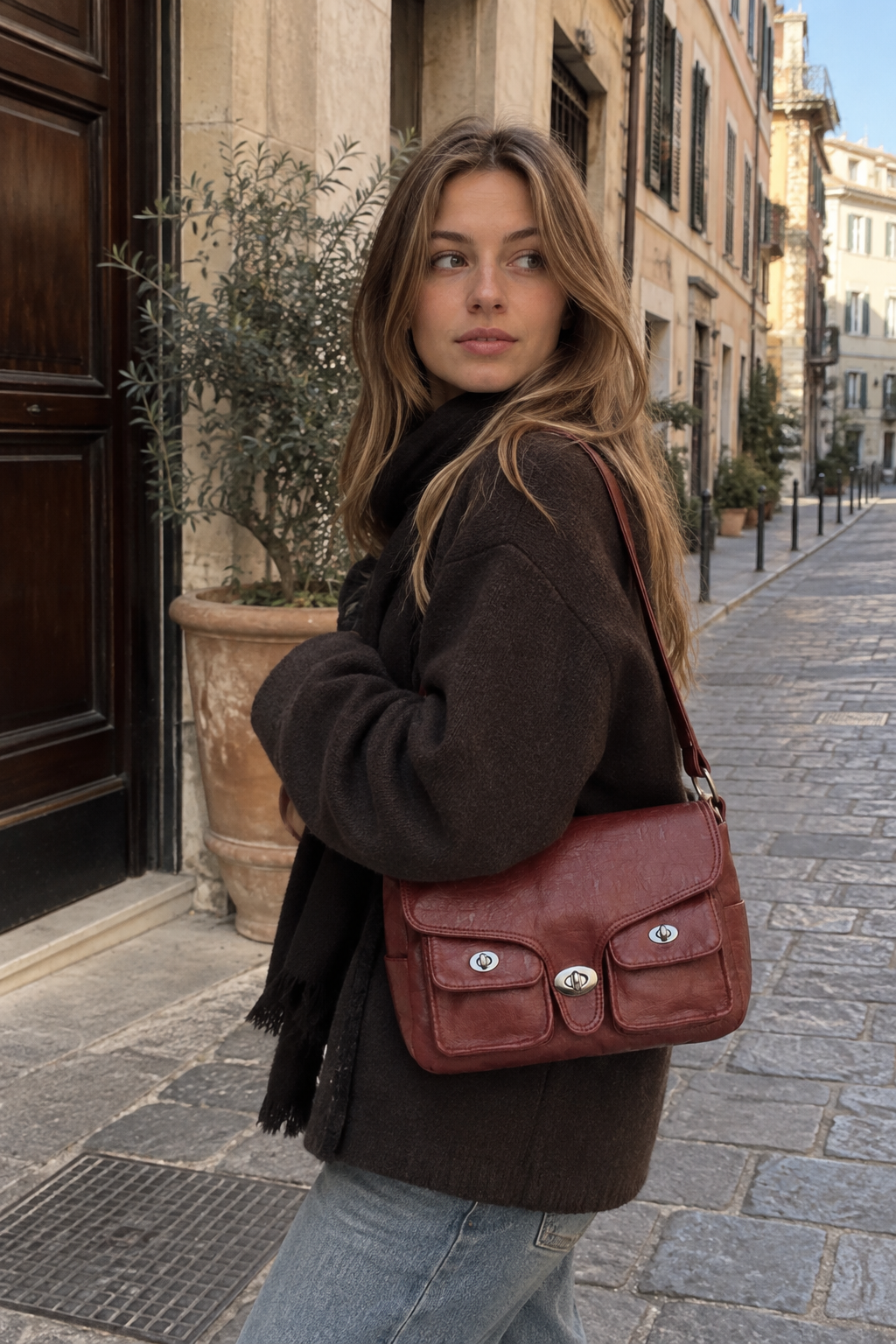 Retro-Style PU Leather Shoulder Bag with Adjustable Strap