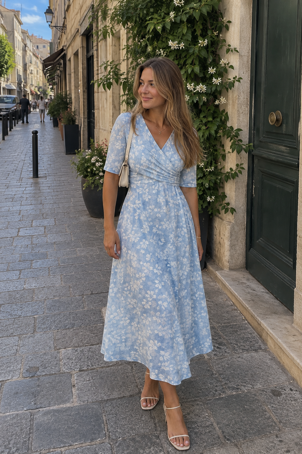 V-Neck Midi Dress with Short Sleeves and Side Pockets