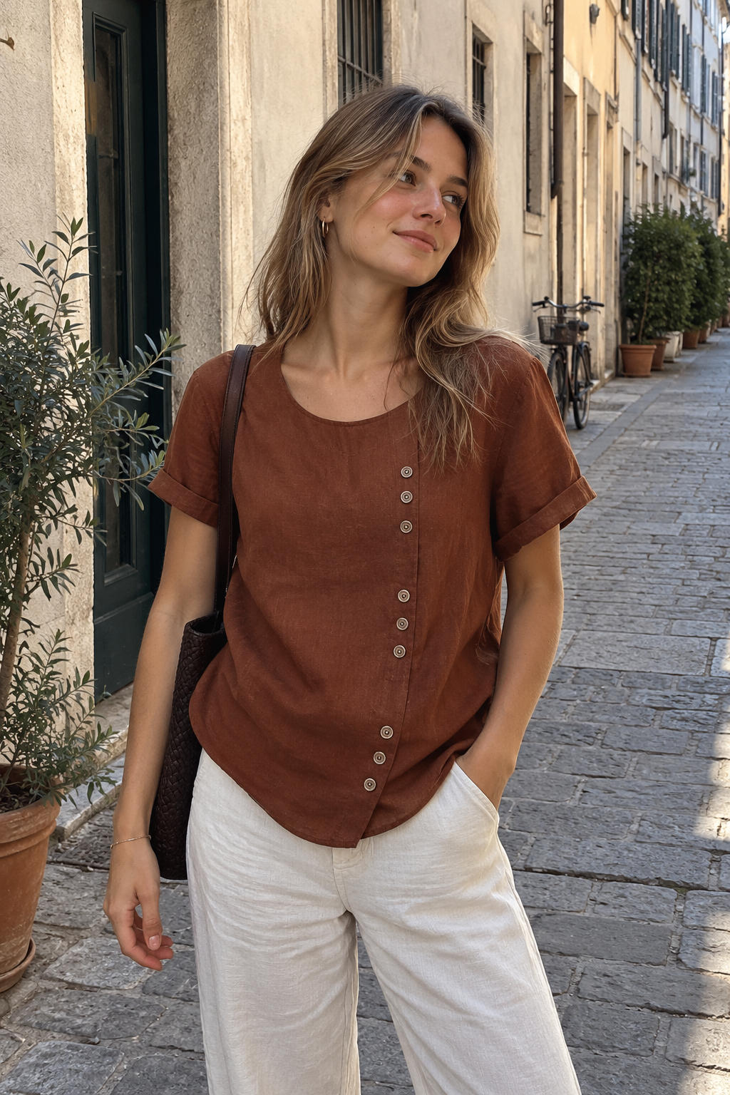 Short Sleeve Button Down Blouse with Round Neckline