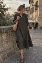 Vestido camisero con cuello, bajo asimétrico y mangas remangables