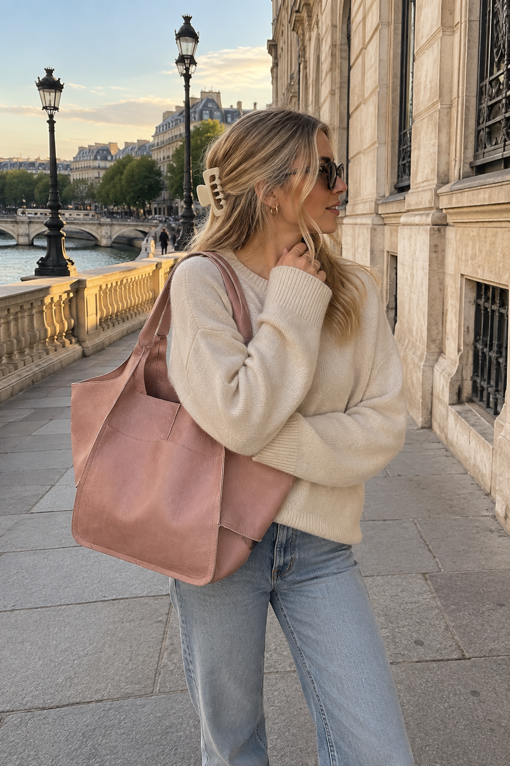 Large Structured PU Leather Tote Bag with Flat Base