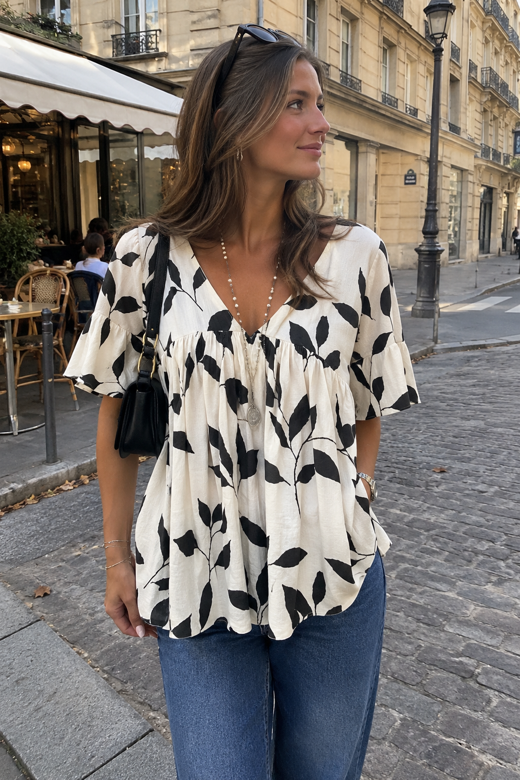 Ruffled V-Neck Top with Soft Handle