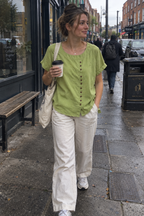 Linen Blouse with Round Neck and Rolled-Up Sleeves