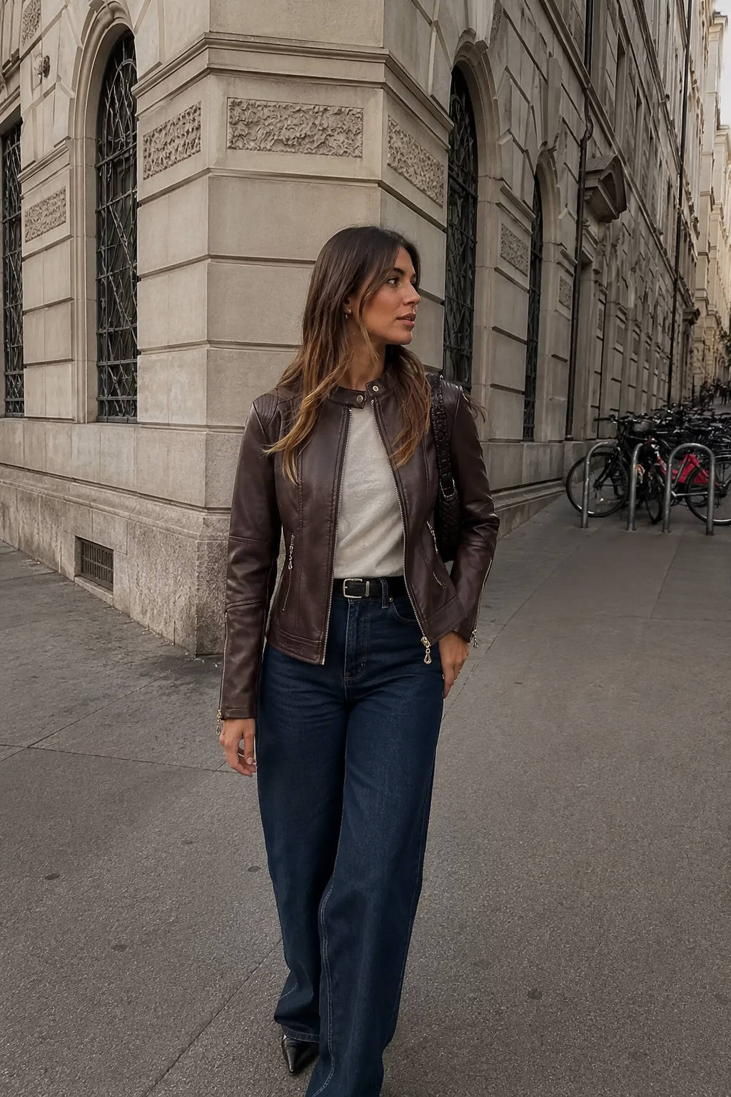 Faux Leather Biker Jacket with Stand Up Collar