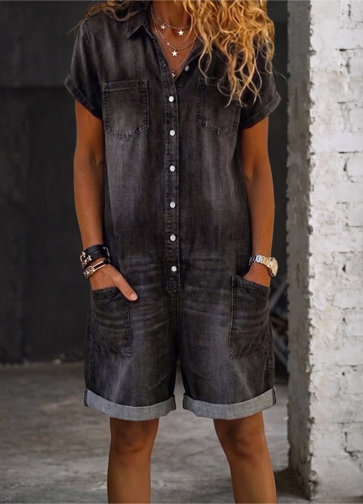 Denim Playsuit with Cropped Leg and Pockets