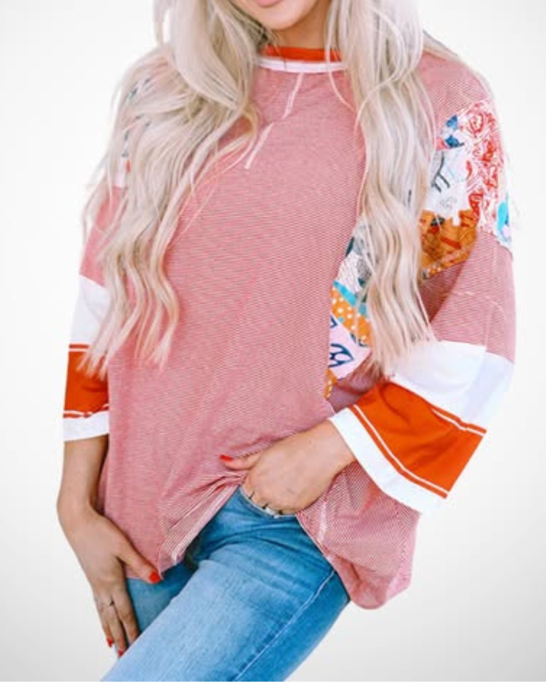 Patchwork Batwing Top with Relaxed Fit