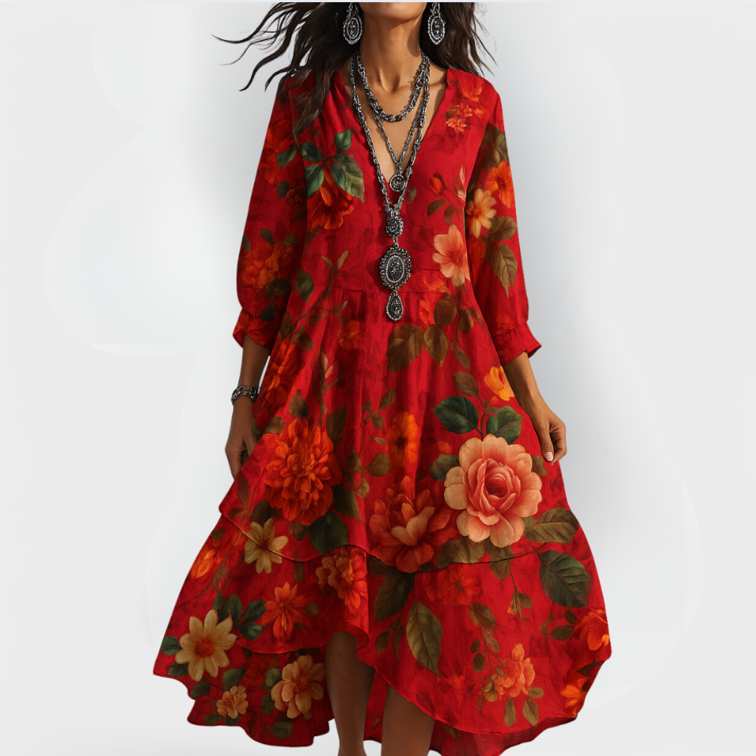 Boho sommarklänning med blommönster och V-ringning