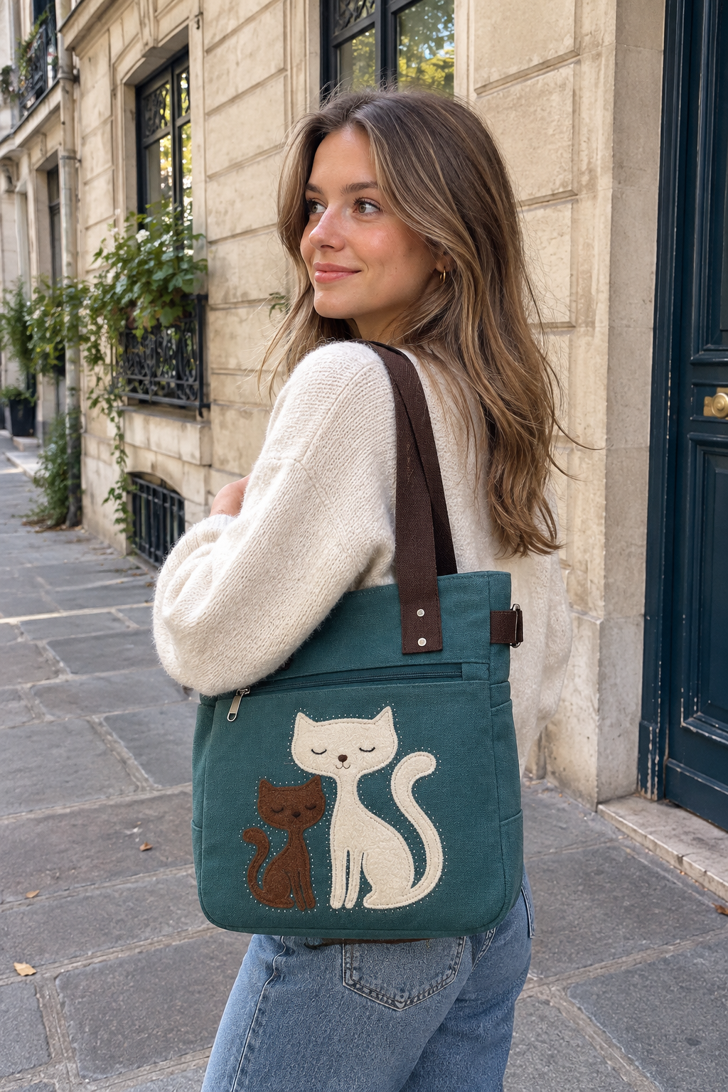 Canvasväska med broderat kattmotiv och dubbla handtag