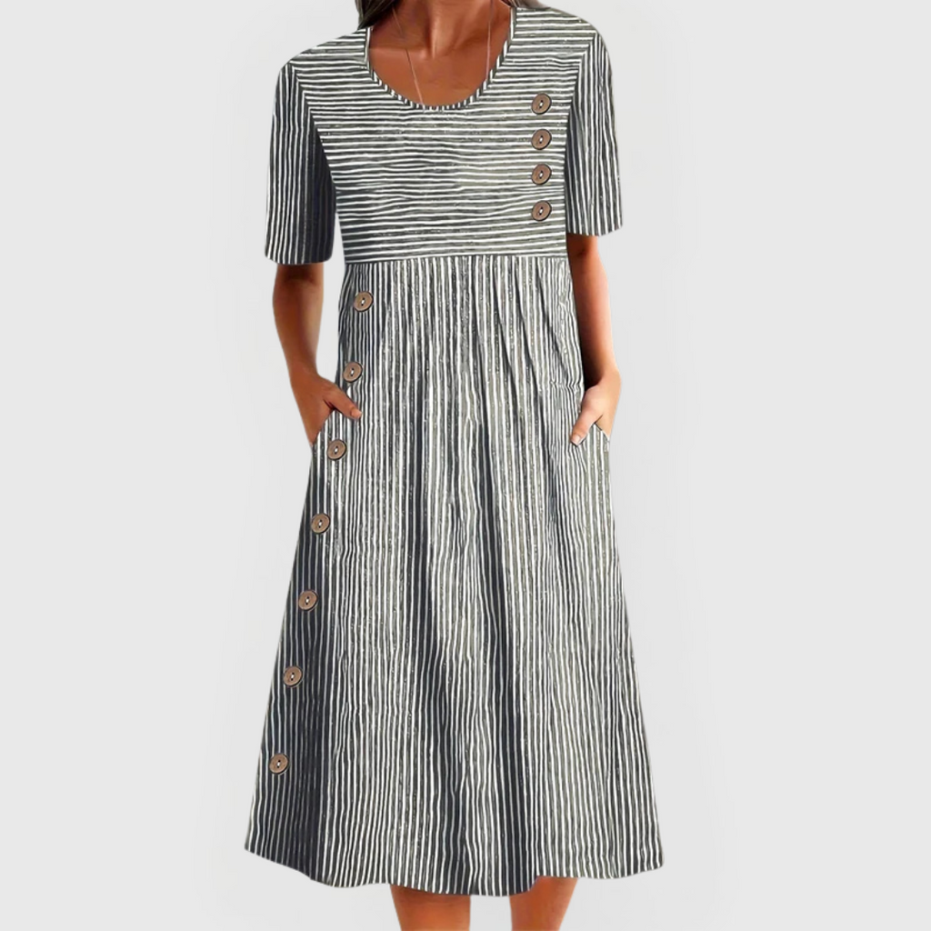 Striped Midi Dress with Buttons and Pockets