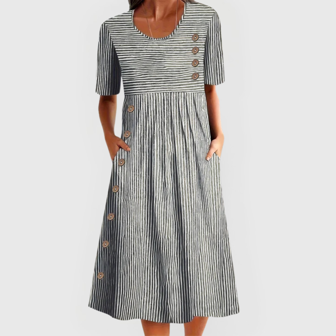 Striped Midi Dress with Buttons and Pockets