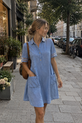 Denim Shirt Dress with Button Front and Patch Pockets