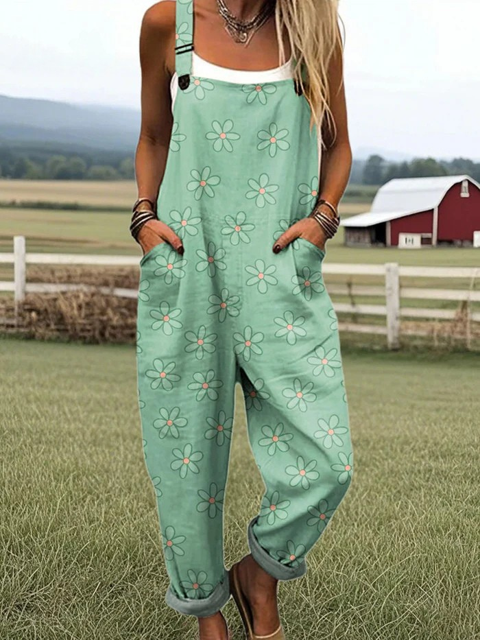 Daisy Print Jumpsuit with Adjustable Straps and Pockets