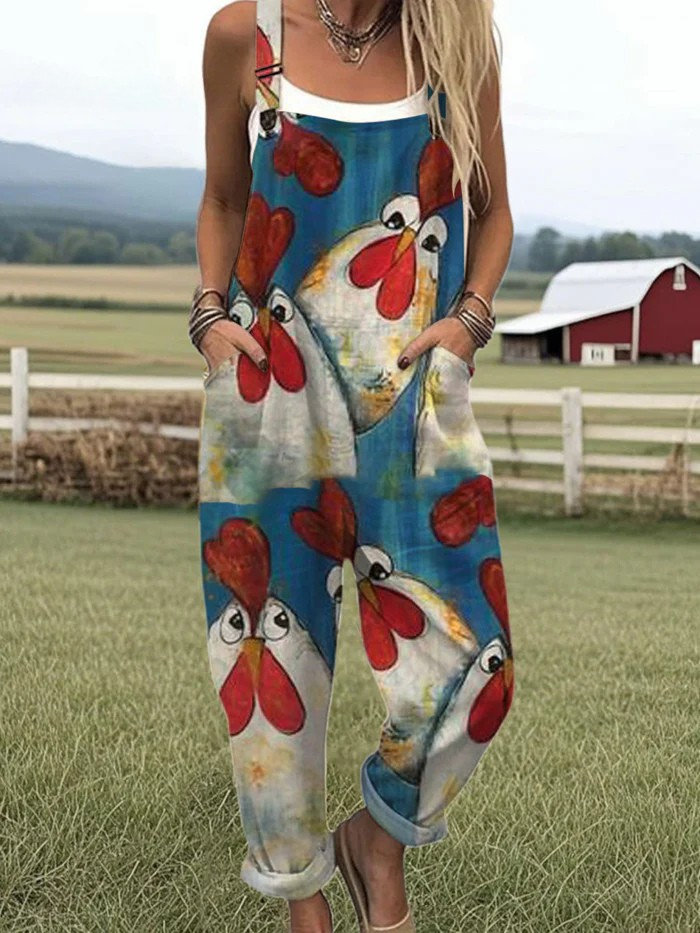 Playful Chicken Print Jumpsuit with a Relaxed Fit