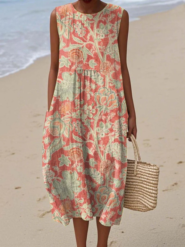 Midi Dress with Wildflower Embroidery and Relaxed Fit