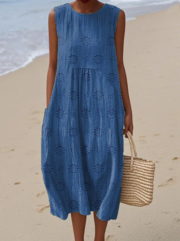 Midi Dress with Wildflower Embroidery and Relaxed Fit