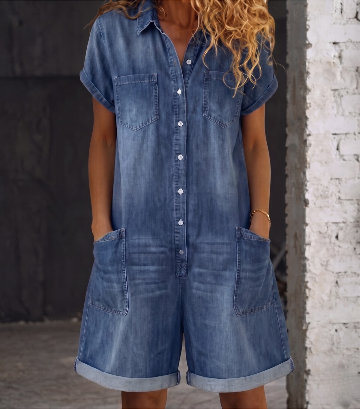Denim Playsuit with Cropped Leg and Pockets