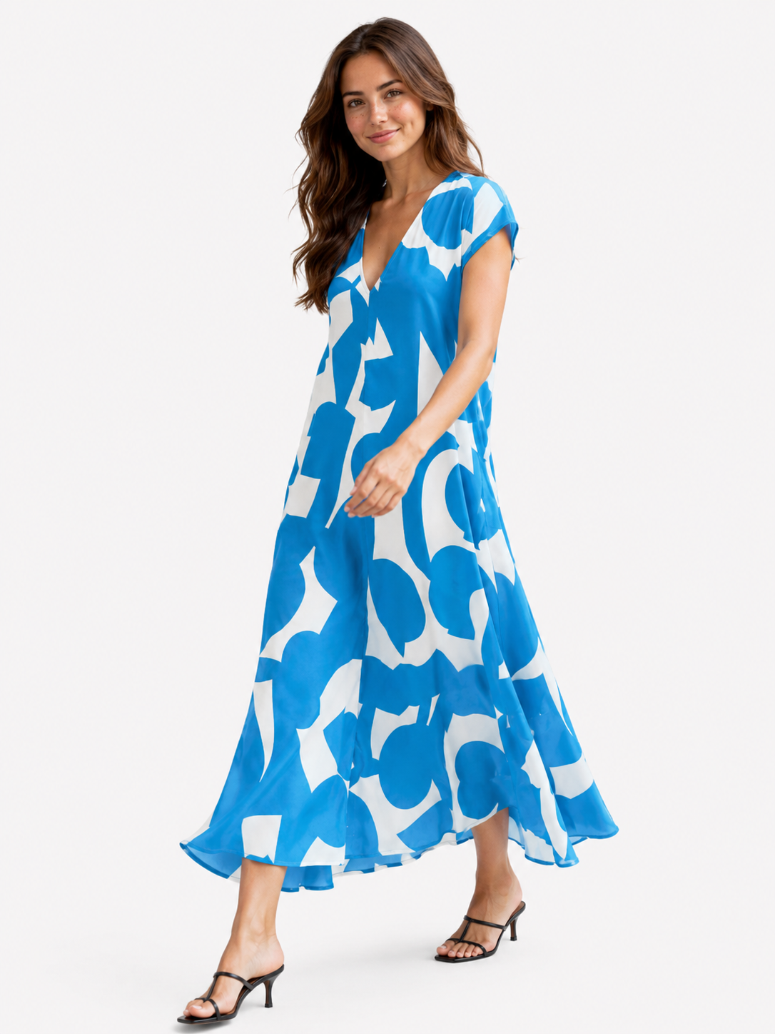 Artistic Print V-Neck Maxi Dress with Flowing Sleeves