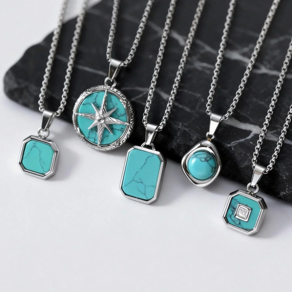 Blue-Green Stone Pendant Necklace Set for Layering