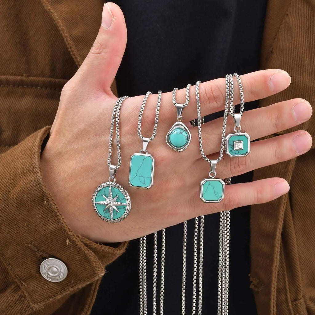 Blue-Green Stone Pendant Necklace Set for Layering