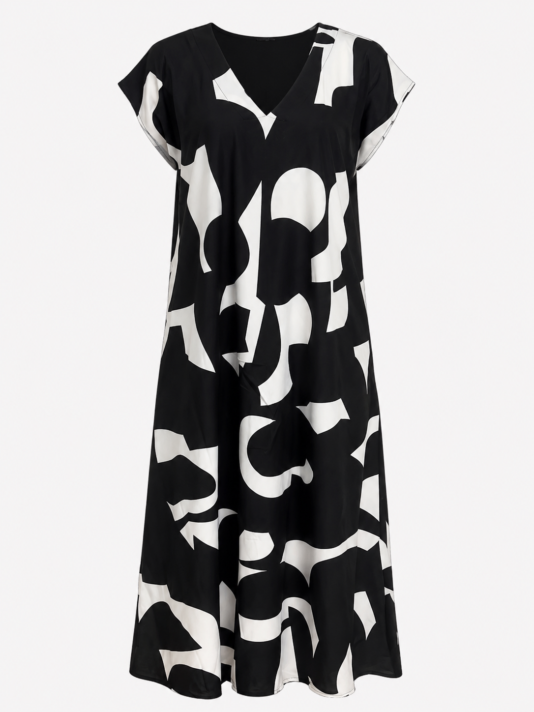 Artistic Print V-Neck Maxi Dress with Flowing Sleeves