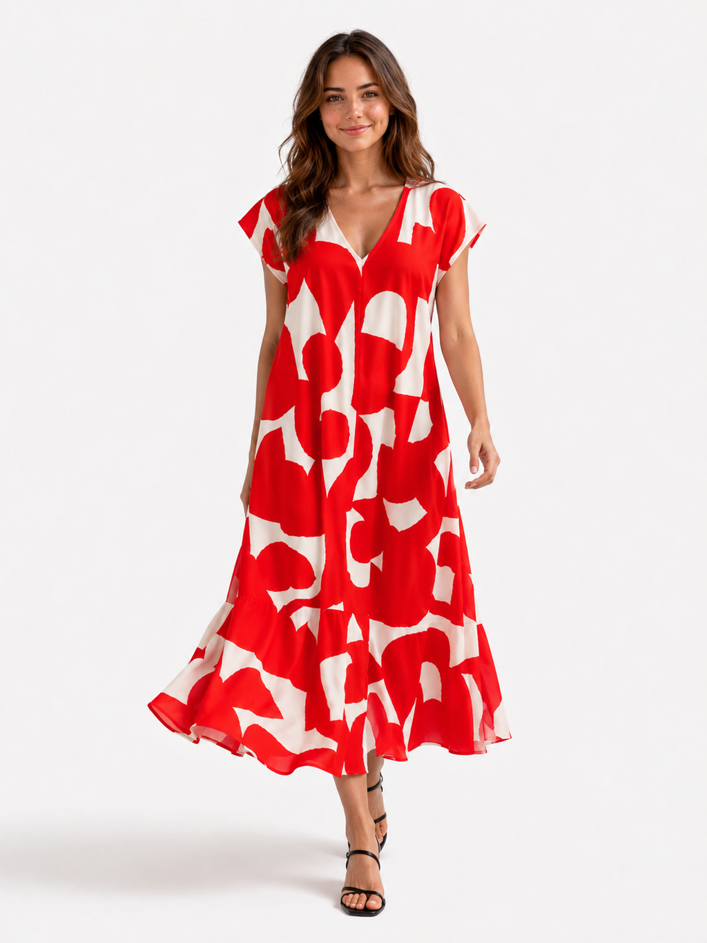 Vestido largo con cuello de pico, estampado artístico y mangas fluidas