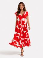 Vestido largo con cuello de pico, estampado artístico y mangas fluidas