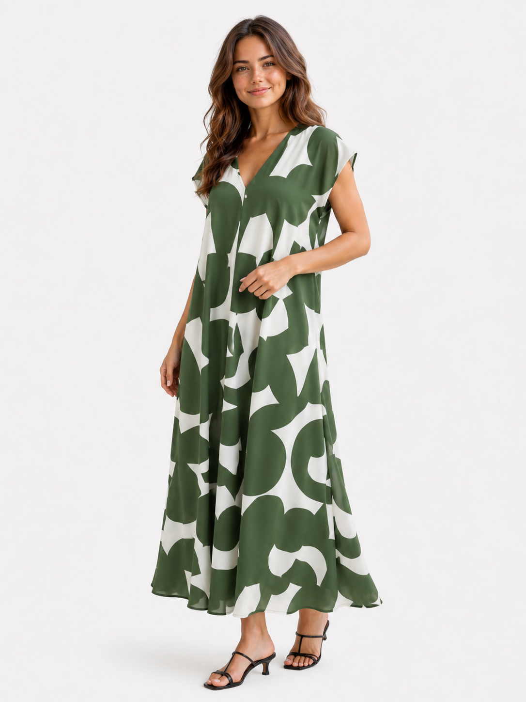 Artistic Print V-Neck Maxi Dress with Flowing Sleeves