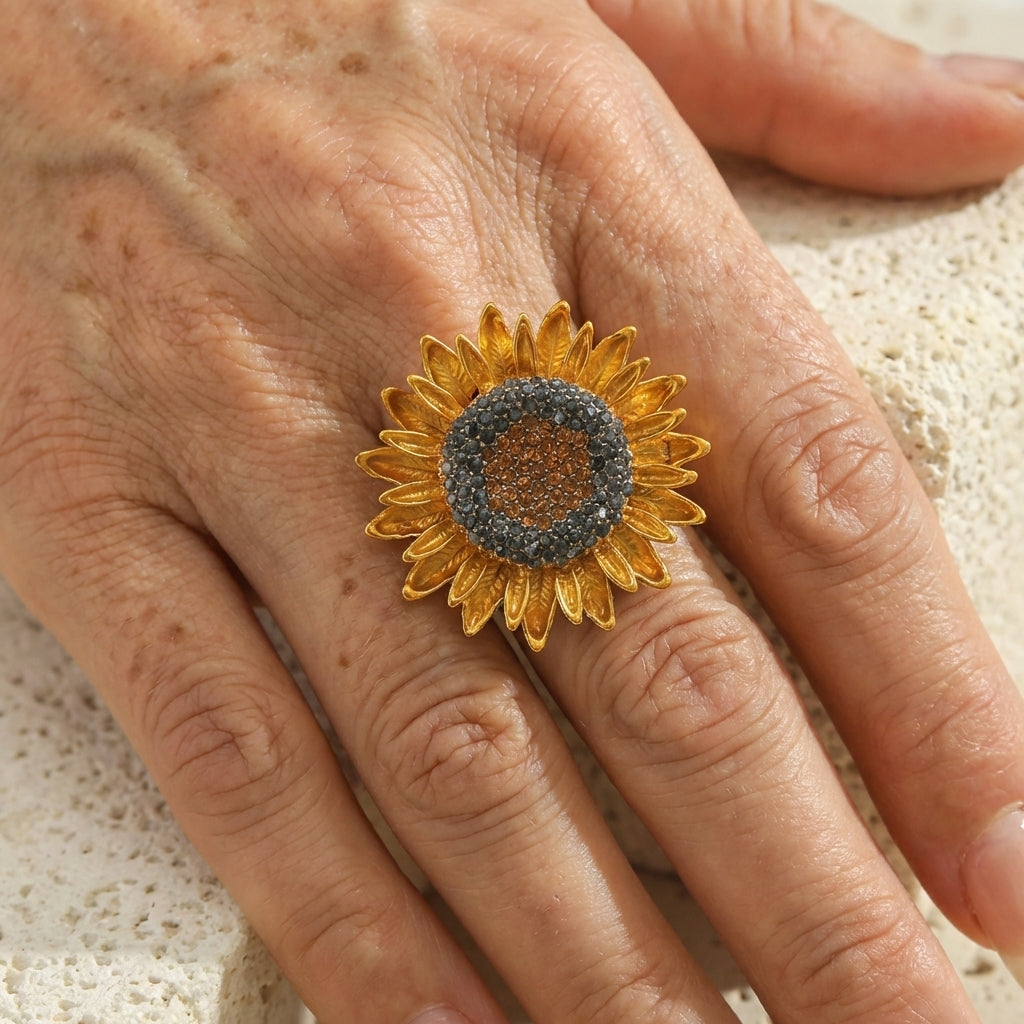 Cubic Zirconia Sunflower Ring with Vintage-Style Setting