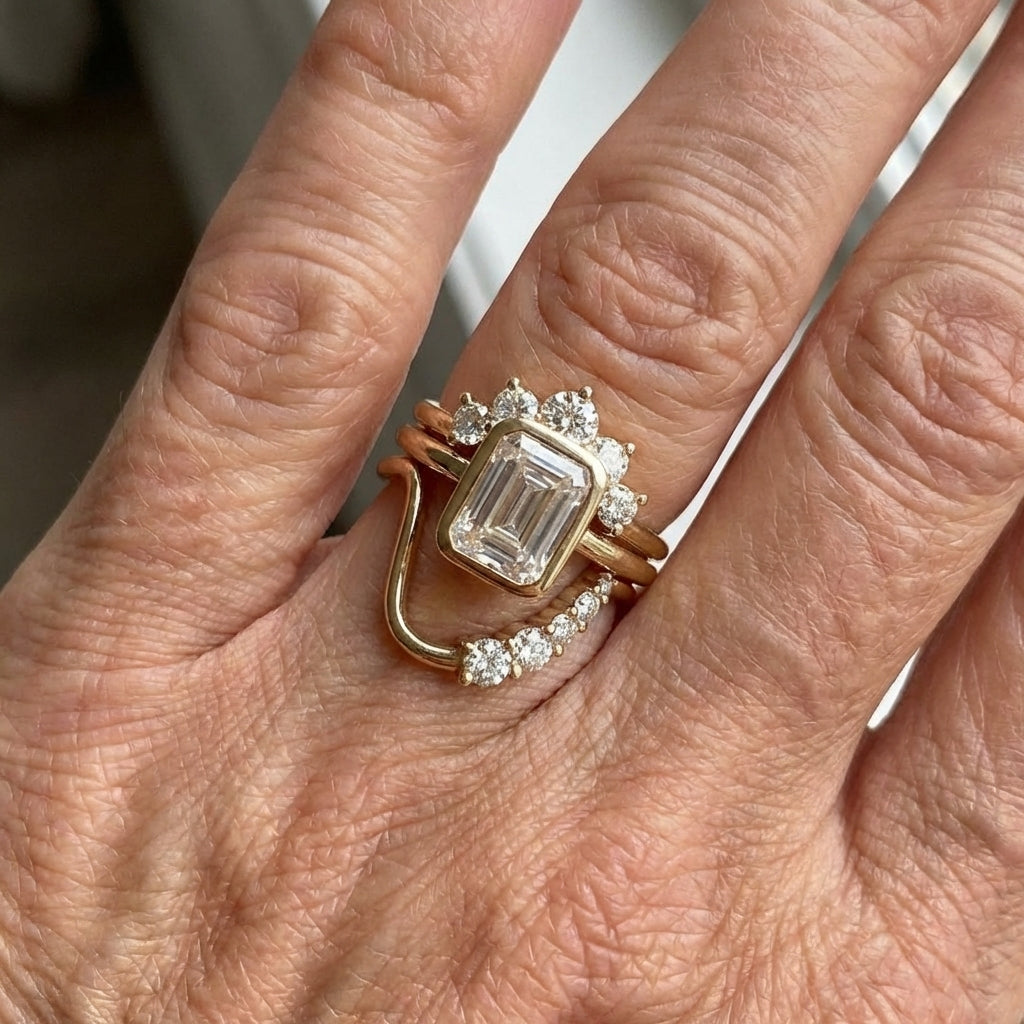 Rectangular Zirconia Stacking Ring with Vintage Style in Gold Colour