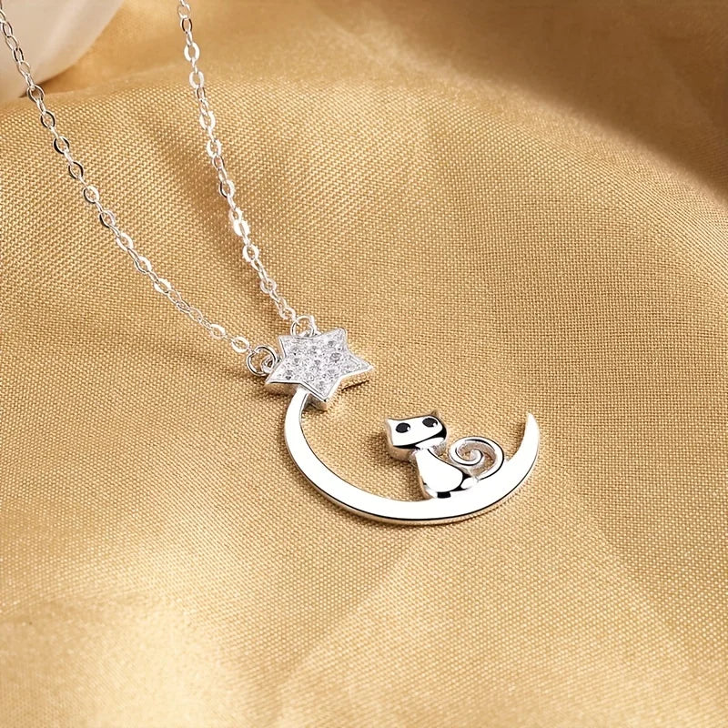Cat, Moon and Star Pendant Necklace in Silver Colour