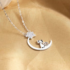 Cat, Moon and Star Pendant Necklace in Silver Colour