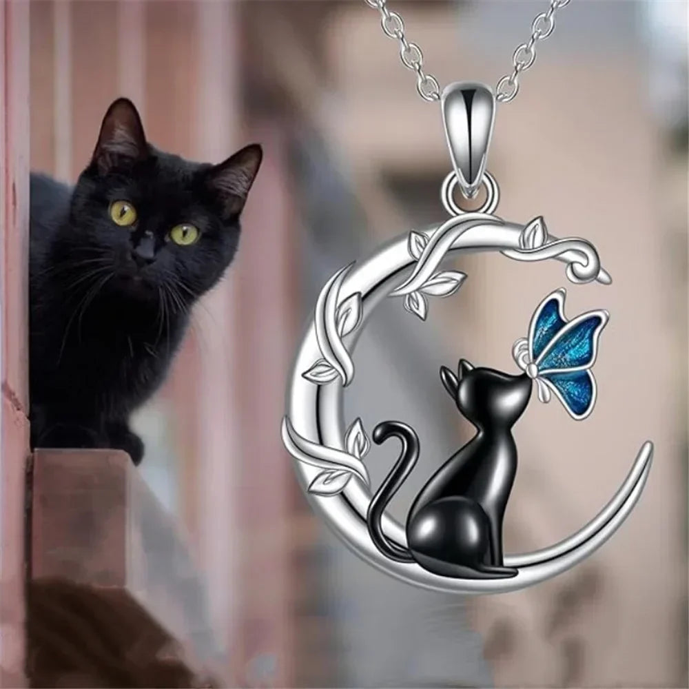 Moon, Cat and Butterfly Crystal Pendant Necklace with Whimsical Charm