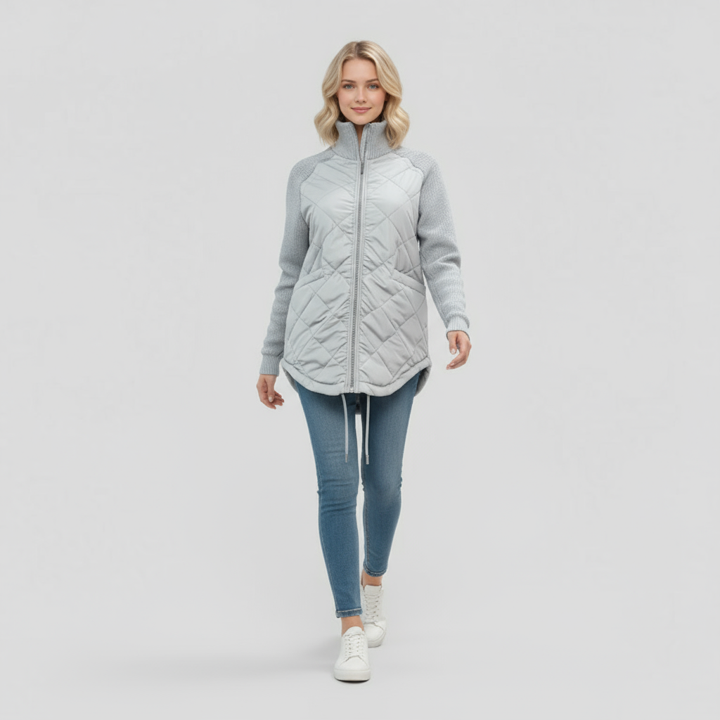 Light Puffer Jacket with Patchwork Detail and Adjustable Waist