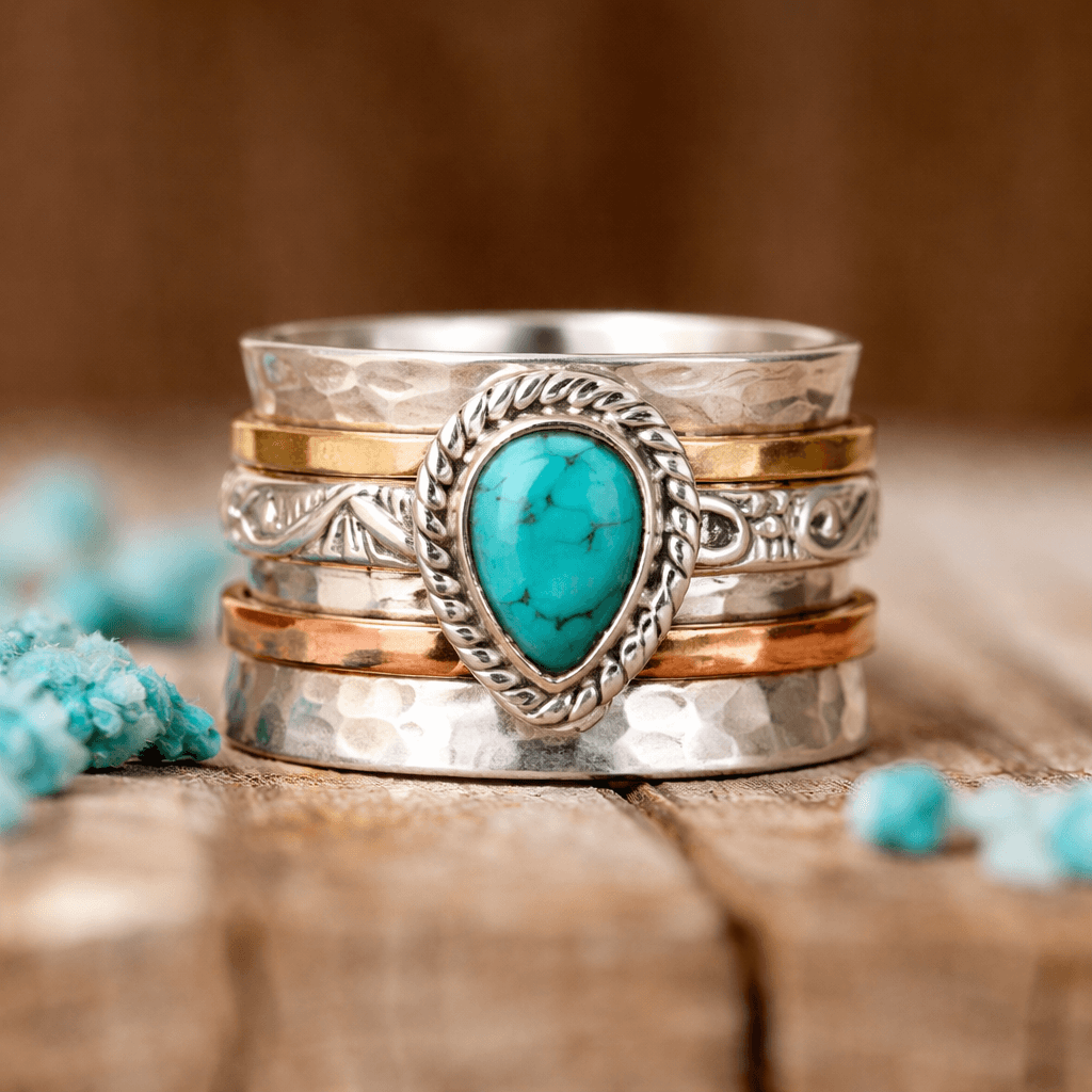 Wide Teardrop Blue-Green Stone Ring in Silver Colour