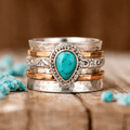 Wide Teardrop Blue-Green Stone Ring in Silver Colour