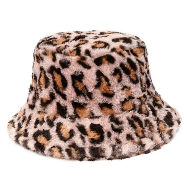 Bucket hat i konstpäls med djärvt leopardmönster