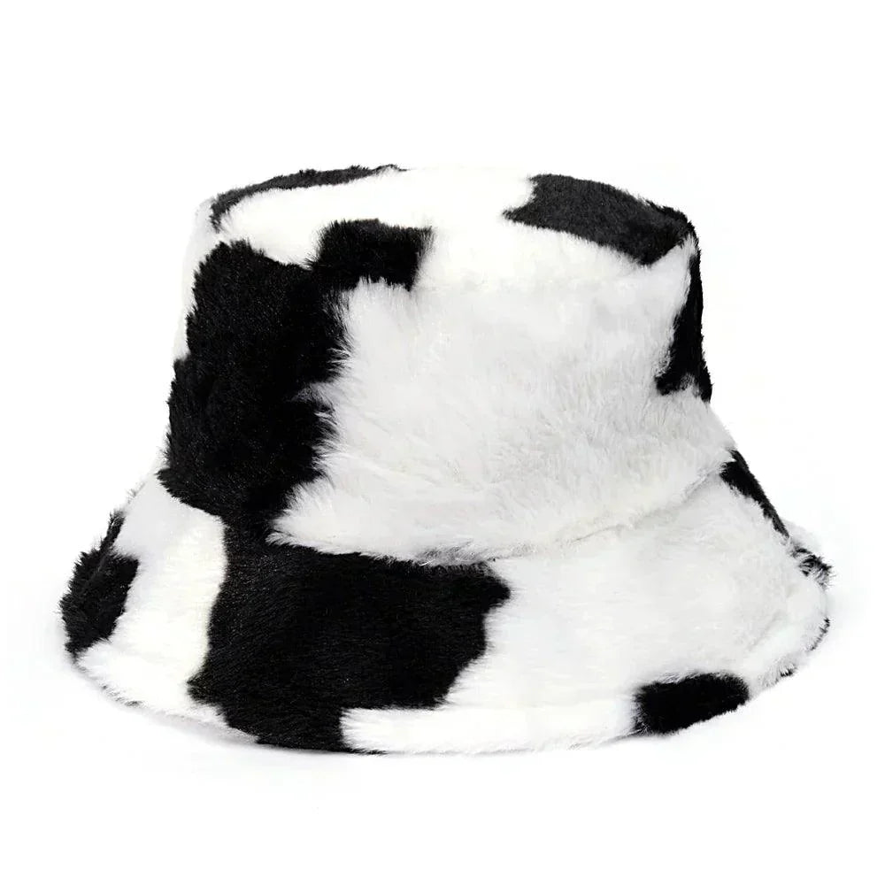 Bucket hat i konstpäls med djärvt leopardmönster