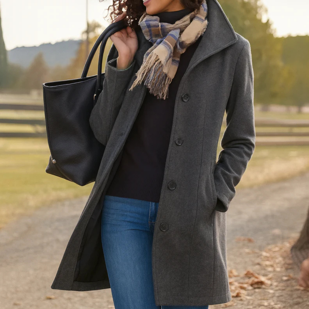 Classic Coat with Stand Collar and Button Closure